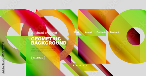 Vibrant geometric shapes overlap. Bright colors create dynamic background. Text promotes creative work, portfolio access.