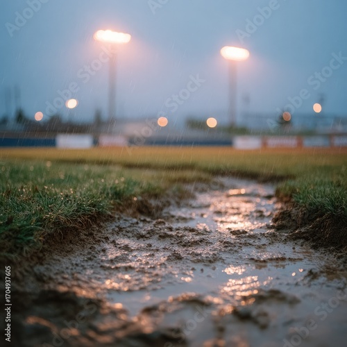 Rain-drenched baseball field under lights in evening gloom.