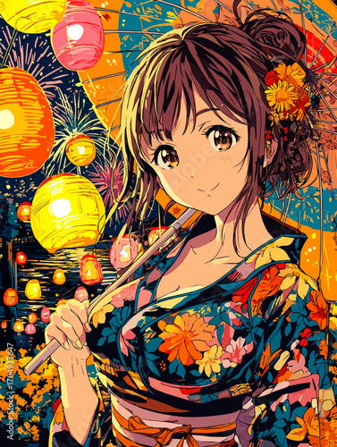 浴衣姿の美しい女性を描いたアニメ風ベクターイラスト