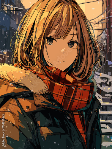 冬のコートとマフラーを着たスタイリッシュな女性のベクターイラスト