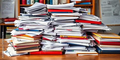 A messy stack of papers, notebooks, and textbooks overflows a table, assignments, overwhelmed