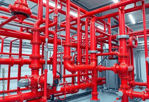 Complex network of red industrial HVAC piping and valves in a modern facility,  valve system,   red piping system