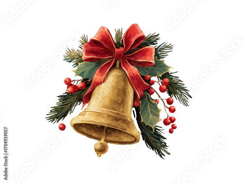 Festive golden bell adorned with vibrant red bow and surrounded by holly leaves and berries evokes joyful holiday spirit