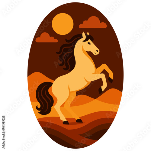 Rearing Horse – Sunset Desert Oval Badge Vector