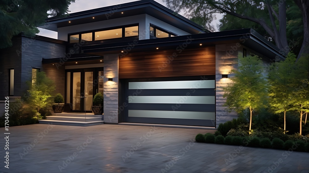Fototapeta premium Modern residence at twilight with layered architecture and a beautifully illuminated facade and