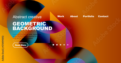 Abstract geometric background design. Orange hues dominate, with purple accents. Text promotes work, portfolio, contact options.