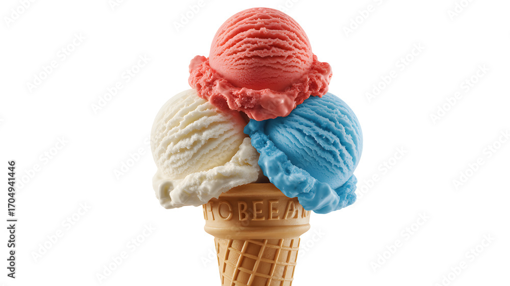 Obraz premium Refreshing trio of ice cream scoops in a waffle cone, perfect for summer celebration