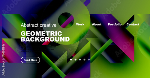 Vibrant abstract design. Geometric shapes overlap, creating dynamic visual experience. Website header with navigation options present.