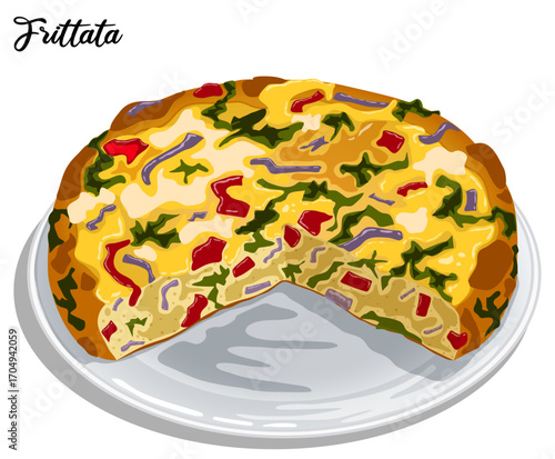 Cut-out Frittata in Plate - Italian Vegetable Omelette with Cheese Detailed Illustration