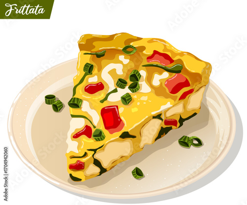 Savory Frittata Slice in Plate with Chives Garnish - Italian Cheesy Vegetable Omlette Illustration