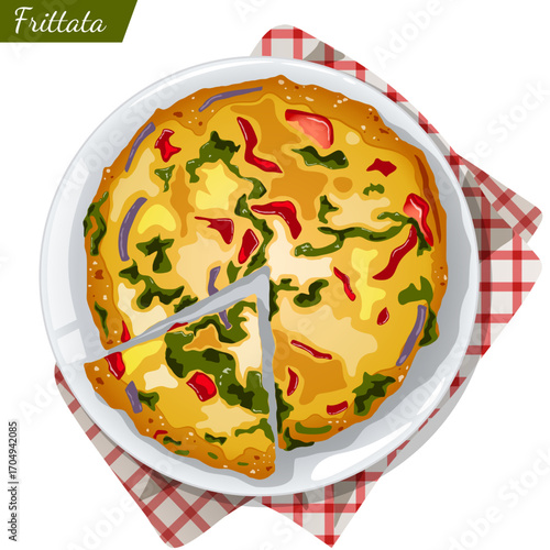 Frittata Plate on a Kitchen Towel with a Cut-out Piece. Italian Omelette Top View Illustration