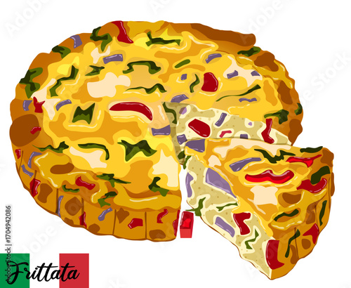 Traditional Frittata with a Slice Cutout - Italian Omelette Cuisine Detailed Illustration