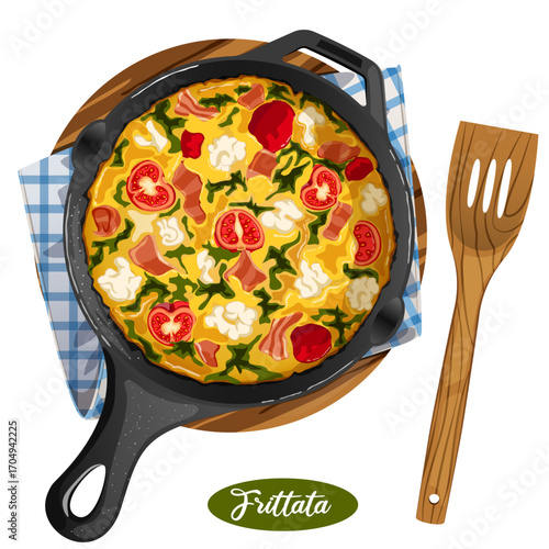 Italian Frittata in Skillet on Wooden Board with Spatula Top View Illustration - Tomato, Spinach, Bacon and Crumbled Feta Cheese Omelette