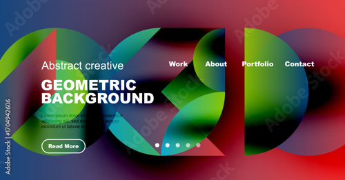 Modern website mockup displays vibrant geometric shapes, text overlay, navigation menu. Colorful design promotes creativity, portfolio access.