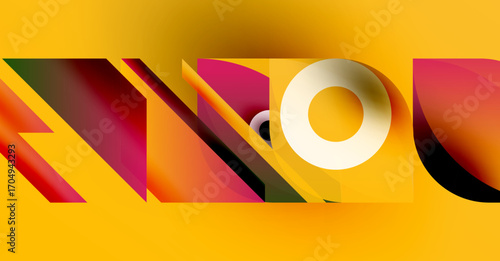Abstract typography spells TWO, vibrant colors blend. Bold design features layered shapes, golden background dominates composition.