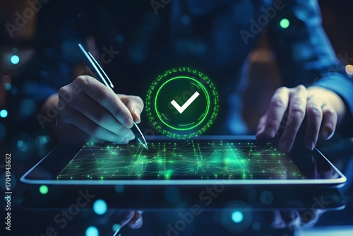 Digital signature with secure verification checkmark on tablet