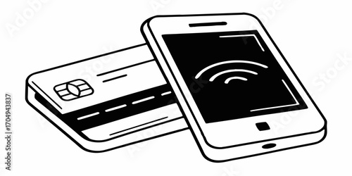 Illustration of a smartphone displaying a wifi symbol next to a credit card with a chip present