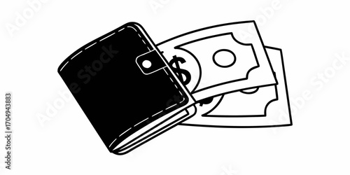 A black and white illustration of a wallet with dollar bills sticking out of it on a white background