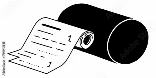 Black and white illustration of a cash register tape with a roll and printed lines and the number one