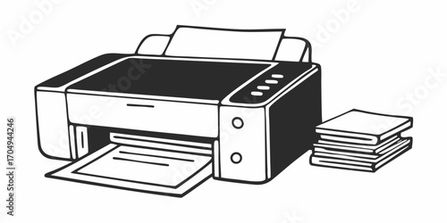 Illustration of a printer with paper coming out and a stack of paper next to it in black and white