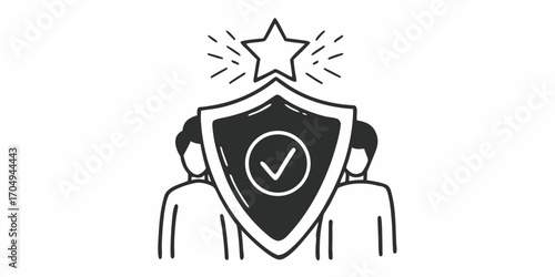 Stylized monochrome illustration of group protected by shield with star above it and checkmark inside
