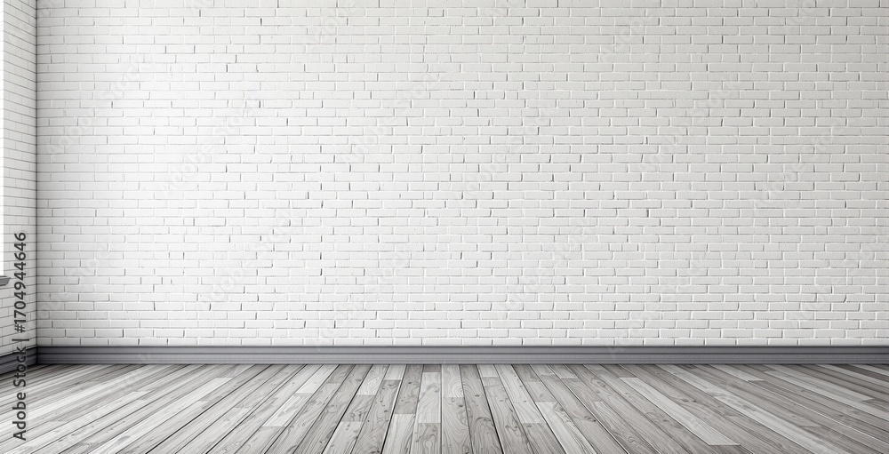 Fototapeta premium Minimalist empty room with white brick wall and wooden floor, ideal for product display, interior design mockups or background use. Ai generative. Ai generative
