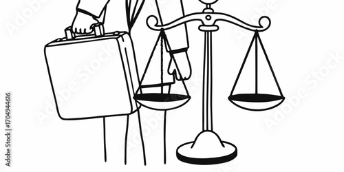 Illustration of a lawyer with a briefcase standing next to the scales of justice in black and white