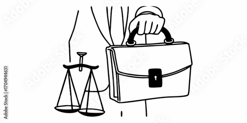 Illustration of a person holding a briefcase with scales of justice in black and white outline style