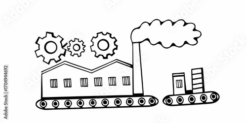 Illustration of a moving factory with gears, a smokestack, and a second building on wheels