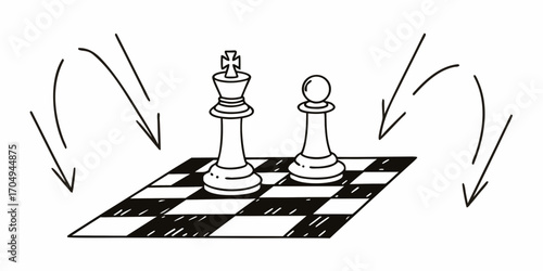 Illustration of a chess king and pawn on a checkered board with curved arrows pointing downwards around it