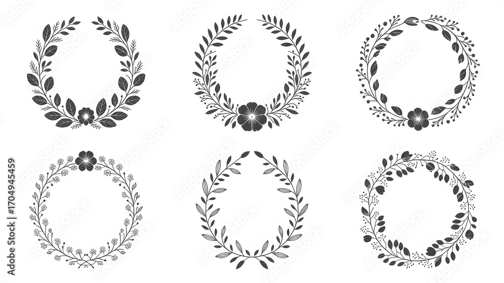 Obraz premium Elegant floral wreath designs for wedding invitations, branding, and decorative elements, perfect for creating stylish and sophisticated visuals