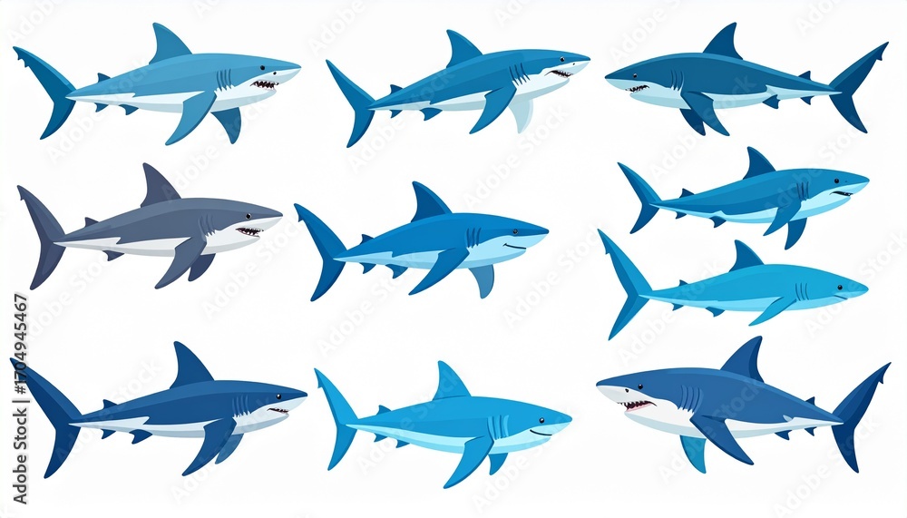 Fototapeta premium Collection of cartoon sharks in various shades of blue and gray, swimming with open mouths on a white background.