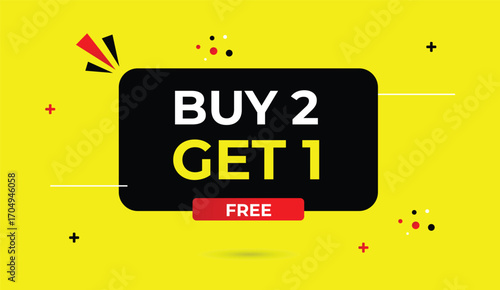 buy 2 get 1 free vector art illustration editable web banner template design black red gradient shapes yellow abstract background modern creative marketing promotion layout graphics