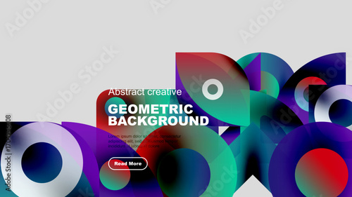 Abstract geometric shapes, vibrant colors, modern design. Text includes geometric background, plus sample text, button.