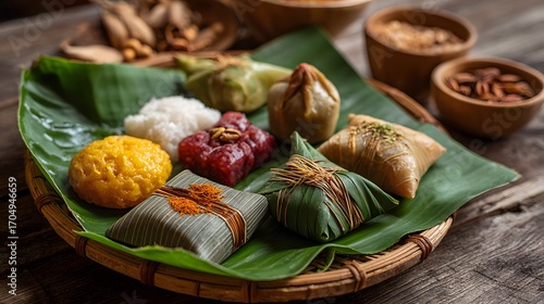 Thai thong yip and thong yod sweets in banana leaf, wood background with top-left space 