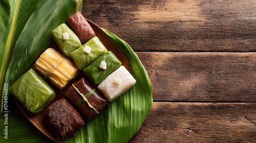 Thai thong yip and thong yod sweets in banana leaf, wood background with top-left space 