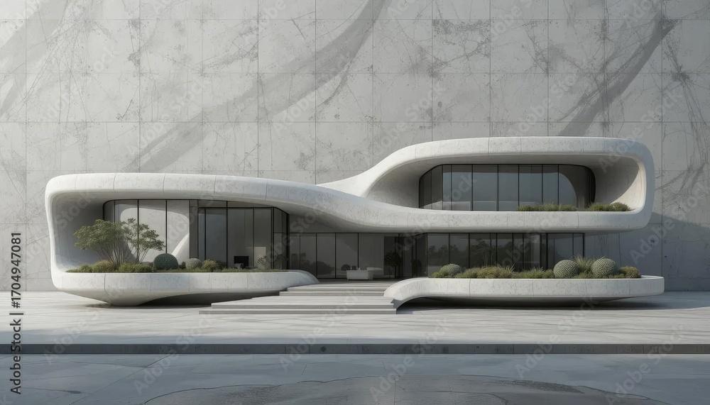 Obraz premium Modern, futuristic architectural design showcasing a sleek, organic-shaped building with large windows.