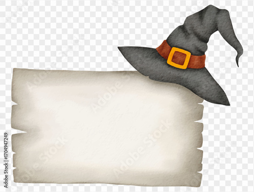 Watercolor halloween scroll parchment with witch hat decoration spooky Vector.