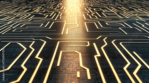 Close up view of circuit board design featuring intricate patterns and glowing lines, symbolizing technology and innovation