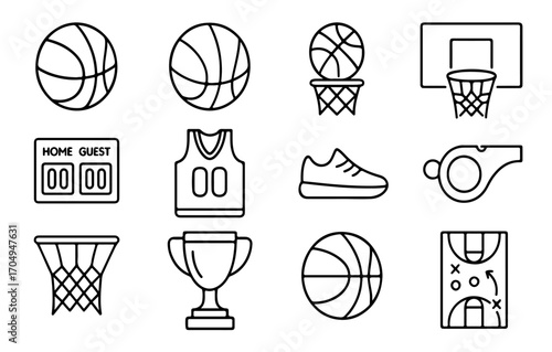 Basketball outline icons and vector set with hoops, jerseys, sneakers, scoreboards, and linear sports art