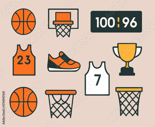 Basketball icons and vector set with hoops, jerseys, sneakers, scoreboards, and modern sports elements