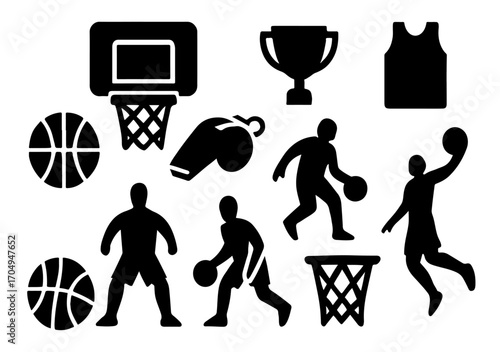 Basketball silhouette icons and vector set with hoops, jerseys, sneakers, and bold sports art