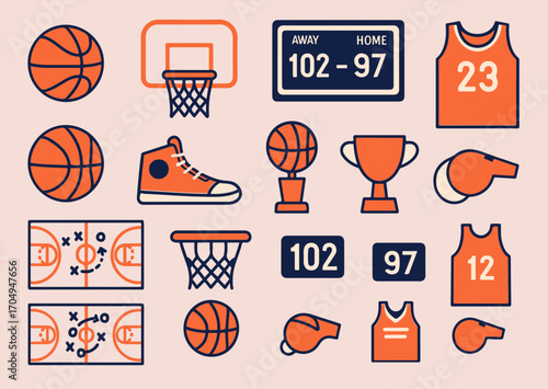 Basketball icons and vector set with hoops, jerseys, sneakers, scoreboards, and modern sports graphics