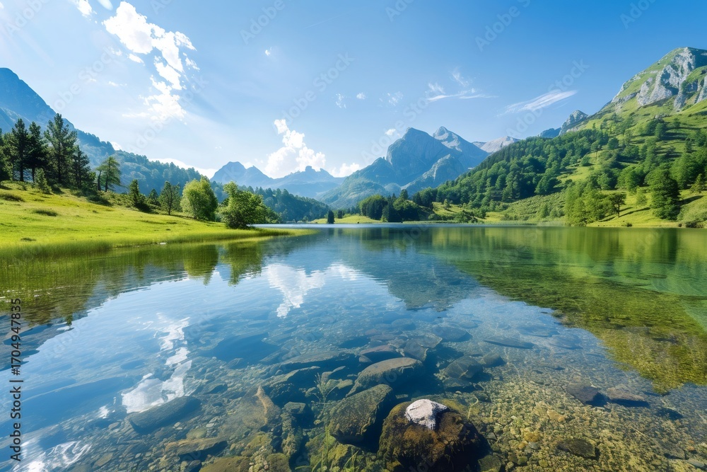 Fototapeta premium Crystal-clear mountain lake reflecting the Alps on a sunny summer day