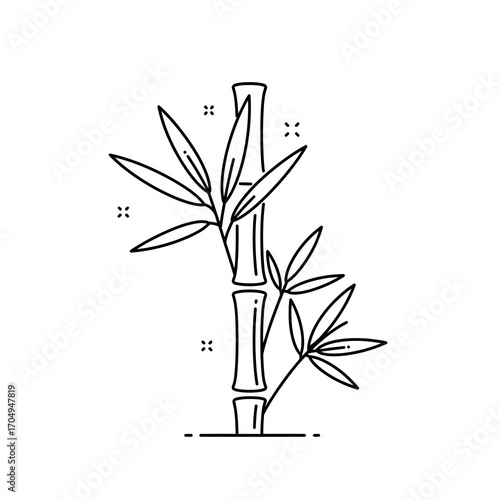 Minimalist black and white line art illustration of a bamboo stalk with leaves, depicting nature and growth.