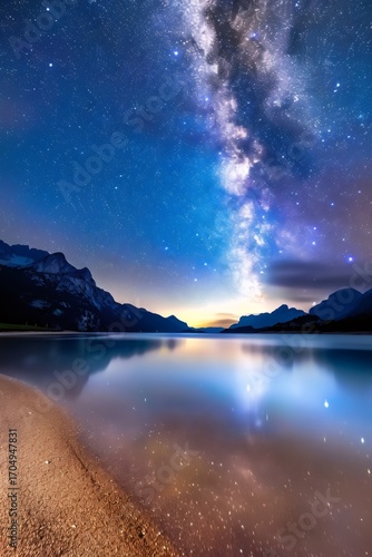 Milky way reflecting on the lake at dawn