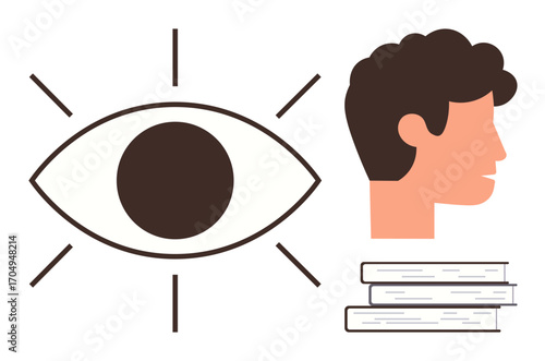 Eye with shining rays, human profile, and stacked books symbolizing knowledge, learning, vision, insight, education, personal growth and awareness. Ideal for concepts thumbs up understanding focus