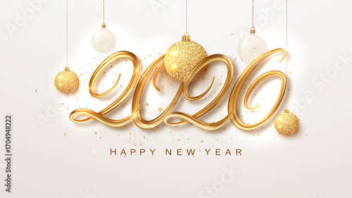 Shiny golden 2026 digits with Christmas balls and sparkles on bright white background. Festive banner for winter holidays