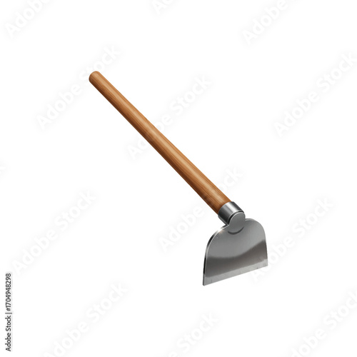 3D vector icon, realistic hoe with long wooden handle and flat metal blade, agriculture tool