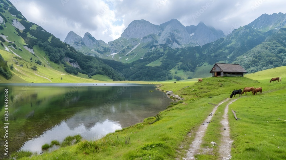 Obraz premium Cows grazing near alpine lake reflecting surrounding mountains in Austria